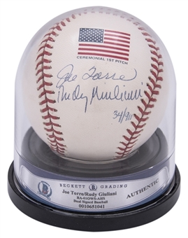 Joe Torre and Rudy Giuliani Dual Signed 2001 Official World Series Allan H. Selig Baseball With American Flag & "CEREMONIAL 1ST PITCH" Stamp - LE 34/911 (Beckett)